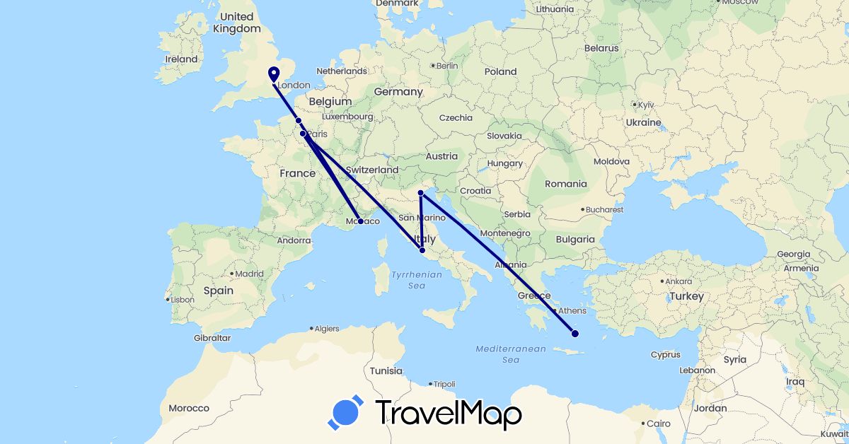 TravelMap itinerary: driving in France, United Kingdom, Greece, Italy (Europe)